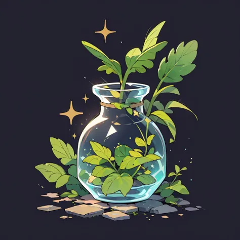 game icon institute, game icon, bottle, mint leaves in a bottle, sparkle, black background  <lora:game%20icon%20institute_yanjiusuopingzi_v3-000020:0.8>