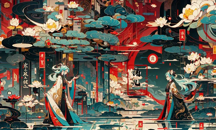 illustrations,guochaoRed background
Calligraphy, cloudDark blue, cyan, lotusGolden lineLotus, lotus leaves
<lora:guochao_20231107061426:0.8>