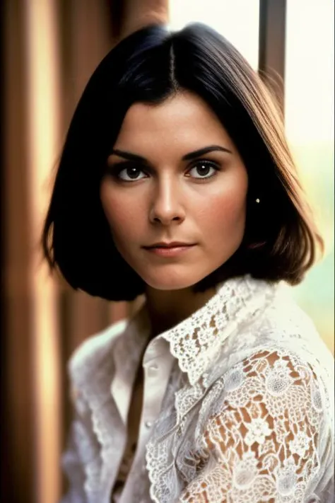 <lora:KateJ:0.9>, a Realistic Full Portrait of a actress Kate Jackson woman with short dark hair style, Beautiful, Detailed face, Perfect Eyes, (highly detailed skin:1.1), ((wearing a white lace shirt)), sitting on a bed, window, curtains waving, sunny sky outside the window, (8K, best quality:1.2), (masterpiece), photorealistic, (high contrast:1.1), (intense:1.1), (detailed:1.1), (perfect body), (dynamic pose:1.1), (highest quality, by Alessandro Casagrande, Greg Rutkowski, Sally Mann, concept art), (analog:1.2), (high sharpness), real shadow, 3d, (by Michelangelo), photographed by Canon EOS R6, 135mm, 1/1250s, f/2.8, ISO 400
