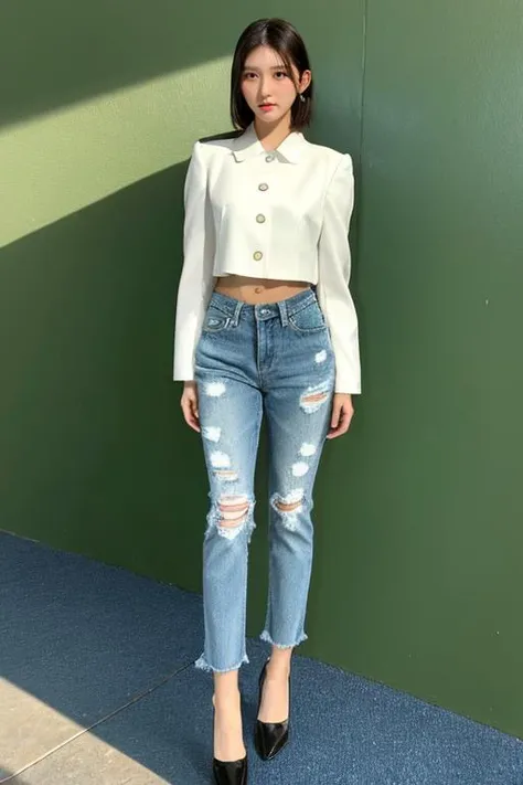 ultra realistic details, sharp focus, detailed skin, 1 Korean cute girl
(19 years old Korean girl:1.2), (kpop idol:1.2), (korean beauty:0.8),
(photorealistic:1.4),1girl, (masterpiece), best quality, highest quality,pants (detailed face:1.5),original,highres, ((full body shot:1.5)),
unparalleled masterpiece, perfect artwork, ((perfect female figure)),mature female, narrow waist, skinny,detailed skin, solo,white background,high heels, large pelvis, black footwear, black boots, black high heels, black leather boots black footwear, full body, standing,long tight blue jeans, skinny jeans, denim, standing on one leg, long legged, long leg, brown eyes, short, black hair,sleeves past wrists, long sleeves, open clothes, blue jeans, street,afternoon,nature light,outdoors, tree, bus stop,200 mm,low position,lens flare,(masterpiece), best quality, ultra high res, sexy pose, slim body,laughing, photon mapping, radiosity, physically-based rendering, cinematic lighting, intricate, High Detail, Sharp focus, dramatic, photorealistic (large hips:1.5) short hair, no watermark,