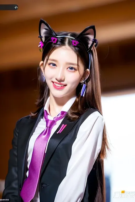 simple background,(Wearing a necktie suit and a cat ears:1.4), (ultra high res,photorealistic,realistic,best quality,photo-realistic) short hair, ((detailed face:1.2),RAW photo, best quality), (realistic, photo-realistic:1.30), bokeh, 8k uhd, dslr, soft lighting, high quality, film grain, masterpiece,ultra realistic,32k,extremely detailed CG unity 8k wallpaper, best quality, (smile:1.3), (open mouth:1.2), midriff, choker, bracelet, black nails, (korean beauty:0.8), (kpop idol:1.2), (detailed skin), (19 years old korean girl:1.2) 
 pureerosface_v1