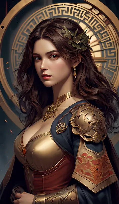 the greek god hephaestus, brown hair, holding hammer, facing forward, steampunk, portrait, beautiful glowing eyes, volumetric lights, red and orange theme, art nouveau botanicals, intricate, highly detailed, digital painting, artstation, concept art, smooth, sharp focus, cinematic, illustration, beautiful face, art by artgerm and greg rutkowski and alphonse mucha
