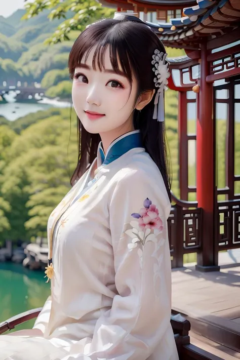 ((tachi-e)), original,(illustration:1.1),(best quality),(masterpiece:1.1), (extremely detailed CG unity 8k wallpaper:1.1),(ecchi0.5), (trees:0.5), (flowers:0.6) ,(birds:0.2), (bamboo0.1), lakes,(panorama shot:1.4),(full body:1.05),(solo:1.2), (ink splashing),(color splashing),((watercolor)), clear sharp focus,{ 1girl },((chinese style )),(flowers,woods),outdoors,rocks, looking at viewer, make happy expressions,soft smile,pure,beautyfull detailed face and eyes,beautyfull intricacy clothing decorative pattern details, black hair,black eyes,Hangzhou, wuchangshuo, wuchangshuo in background,erjie, <lora:Threesister-erjiev2:0.8>,<lora:moxin_1010:0.2>,((arms behind back)),sitting,