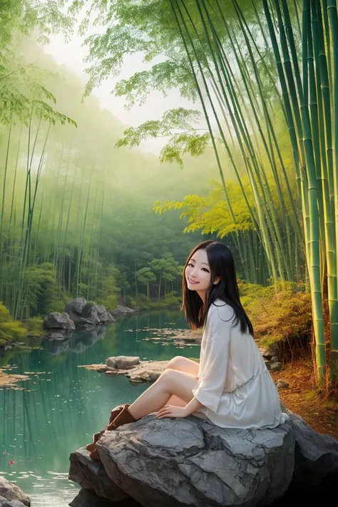 ((tachi-e)), original,(illustration:1.1),(best quality),(masterpiece:1.1), (extremely detailed CG unity 8k wallpaper:1.1),(ecchi0.5), (trees:0.5), (flowers:0.6) ,(birds:0.2), (bamboo0.1), lakes,(panorama shot:1.4),(full body:1.05),(solo:1.2), (ink splashing),(color splashing),((watercolor)), clear sharp focus,{ 1girl },((chinese style )),(flowers,woods),outdoors,rocks, looking at viewer, make happy expressions,soft smile,pure,beautyfull detailed face and eyes,beautyfull intricacy clothing decorative pattern details, black hair,black eyes,Hangzhou, wuchangshuo, wuchangshuo in background, <lora:moxin_1010:0.8>,((arms behind back)),sitting,