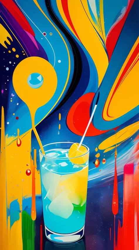 Abstract, 8K, photo shot from front, mid-body portrait, highly-detailed, (flat color:1.1),(colorful:1.3),(masterpiece:1.2), best quality, masterpiece, original, extremely detailed wallpaper, looking at viewer, a luxray girl drinking delicious tropical fruits juice with drops of moisture on table, a lot of details,floating colorful water,, mysterious expression, in a modern and abstract setting, with bold and colorful abstract art, blurred background, bright lighting,