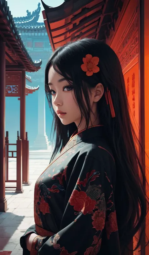 Abstract, 8K, photo shot from front, mid-body portrait, highly-detailed, (flat color:1.1),(colorful:1.3),(masterpiece:1.2), best quality, masterpiece, original, extremely detailed wallpaper, looking at viewer, oriental city,eastern architecture,a lot of details,mysterious expression, in a modern and abstract setting, with bold and colorful abstract art, blurred background, bright lighting,