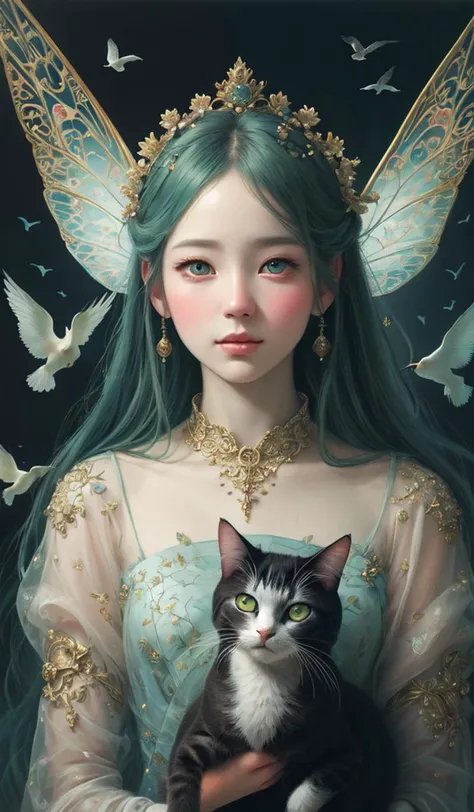 breathtaking Portrait fairy by Miho Hirano, realistic, detailed, blue, green tonalities, beautiful collage technique including birds, CAT, ornate background, beautiful Fantasy detailed trending on artstation, oil painting, Dramatic lighting, eterea , high quality print, fine art with subtle redshift rendering