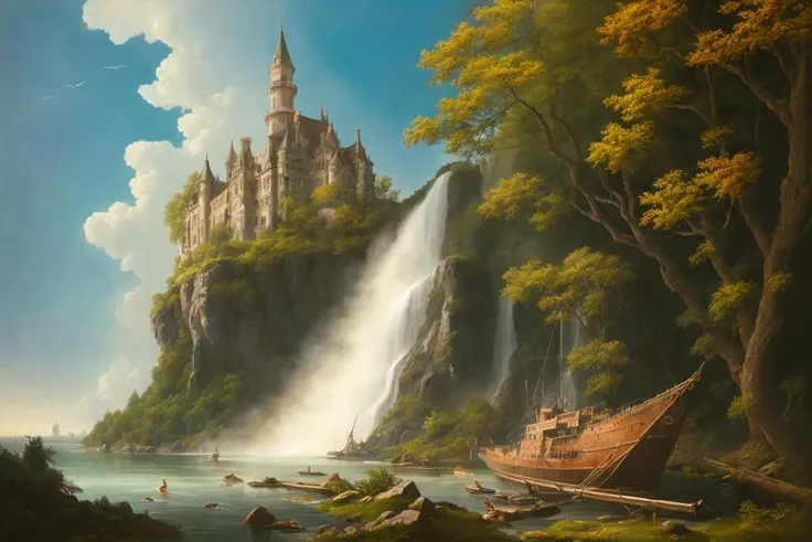 old painting style, colorful, highly detailed, high resolution, ray tracing reflections, dramatic lighting, 8k vibrant colors, detailed acrylic, intricate complexity, soft natural volumetric cinematic perfect light, oil painting, star \(sky\), landscape, empty, a larger plants, waterfall, claping,small fire, ruin, smoking,warship,a large gunfire,bodies and skull, a lot of widelife,abandoned overgrown castle mansion in a forest, oversaturated, princess tower, gazebo, balcony,