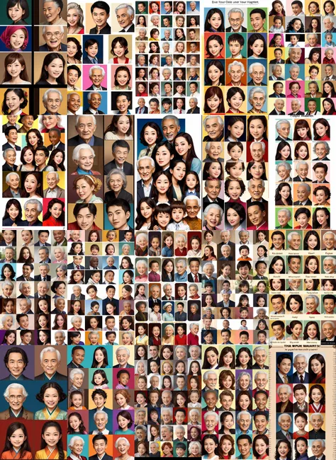 Absolute variety grotesque, Free hyperemotional self-expression regarding endless accurate pictorial collage of your different portraits in different styles, use your imagination, evenly mix females and males of all ages and races in same proportions, (Asians) and Europeans and Africans and Latinos, don't forget to add some kids and (((old) people)), all faces and pictures must be different, use all spectre of your different emotions from happiness to anger, do what you want and how you want, old people and kids don't forget them but keep variety balance