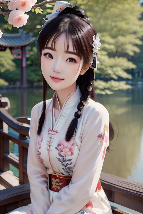 ((tachi-e)), original,(illustration:1.1),(best quality),(masterpiece:1.1), (extremely detailed CG unity 8k wallpaper:1.1),(ecchi0.5), (trees:0.5), (flowers:0.6) ,(birds:0.2), (bamboo0.1), lakes,(panorama shot:1.4),(full body:1.05),(solo:1.2), (ink splashing),(color splashing),((watercolor)), clear sharp focus,{ 1girl },((chinese style )),(flowers,woods),outdoors,rocks, looking at viewer, make happy expressions,soft smile,pure,beautyfull detailed face and eyes,beautyfull intricacy clothing decorative pattern details, black hair,black eyes,Hangzhou, wuchangshuo, wuchangshuo in background,erjie, <lora:Threesister-erjiev2:0.8>,<lora:moxin_1010:0.2>,((arms behind back)),sitting,