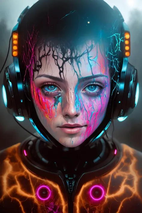 a cyborg robot, lights, scars, refractions, posing, ultradetailed, HD, 8K, highlights, good lighting, the most amazing effect, sci-fi,((art by carne griffiths and sean yoro))