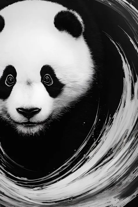 panda,made by liquid ink \(black and white\),fluid and dynamic pose,curly black and white ink blurred background,mysterious expression,abstract art,in a modern and abstract setting,bright lighting, official art, unity 8k wallpaper, ultra detailed, beautiful and aesthetic, masterpiece, best quality, photorealistic,