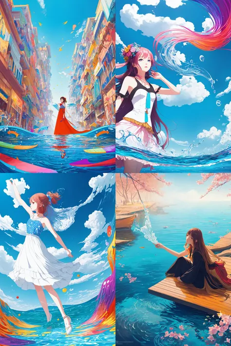 (flat color:1.1),(colorful:1.3),(masterpiece:1.2), best quality, masterpiece, original, extremely detailed wallpaper, looking at viewer,1girl,solo,floating colorful water