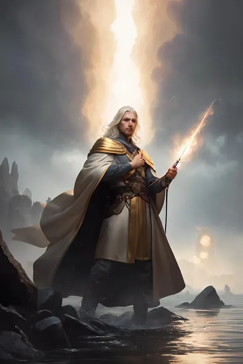 photorealistic photo of a handsome young male wizard, white wizard shirt with golden trim, white robe moving in the wind, long white hair, fully clothed, perfect face, handsome, (perfect composition:1.4), deviantart hd, artstation hd, concept art, detailed face and body, award-winning photography, margins, detailed face, detailed hands, ,backlight, 12k ultrarealistic, ray tracing, intense gaze, looking at the viewer, cinematic lighting, art by Grzegorz Rutkowski, embers, high fantasy background, action pose, hands up to 90 degrees, holding a small magic wand, water splash, misty
