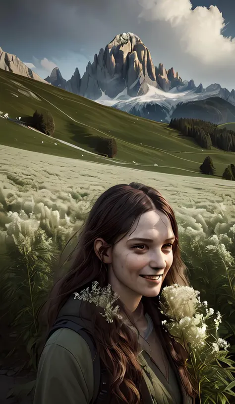 old alpine famers head being overgrown by edelweiss, smiling, dolomites in background, dark, eerie, despair, portrait photography, artstation, digital art, adward winning, concept art, artstation, highly detailed, sharp focus, by caravaggio
