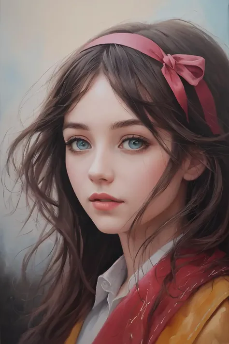 (8k, best quality, masterpiece:1.2),(best quality:1.0), (ultra highres:1.0), watercolor, a beautiful woman, shoulder, hair ribbons, by agnes cecile, half body portrait, extremely luminous bright design, pastel colors, (ink:1.3), autumn lights, moody gray colors , gritty, messy stylestyle of Alexey Savrasov, Ivan Shishkin, Ilya Repin, (cel shaded:1.2), 2d, (oil painting:1.2) highly detailed