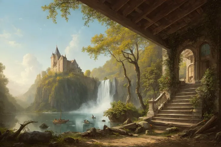old painting style, colorful, highly detailed, high resolution, ray tracing reflections, dramatic lighting, 8k vibrant colors, detailed acrylic, intricate complexity, soft natural volumetric cinematic perfect light, oil painting, star \(sky\), landscape, empty, a larger plants, waterfall, claping,small fire, ruin, smoking,warship,a large gunfire,bodies and skull, a lot of widelife,abandoned overgrown castle mansion in a forest, oversaturated, princess tower, gazebo, balcony,