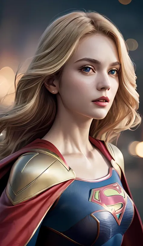 supergirl, hair blonde, cape red, realistic, (masterpiece:1.2) (photorealistic:1.2) (bokeh) (best quality) (intricate details) (8k) (HDR) (analog film) (canon d5) (cinematic lighting) (sharp focus),