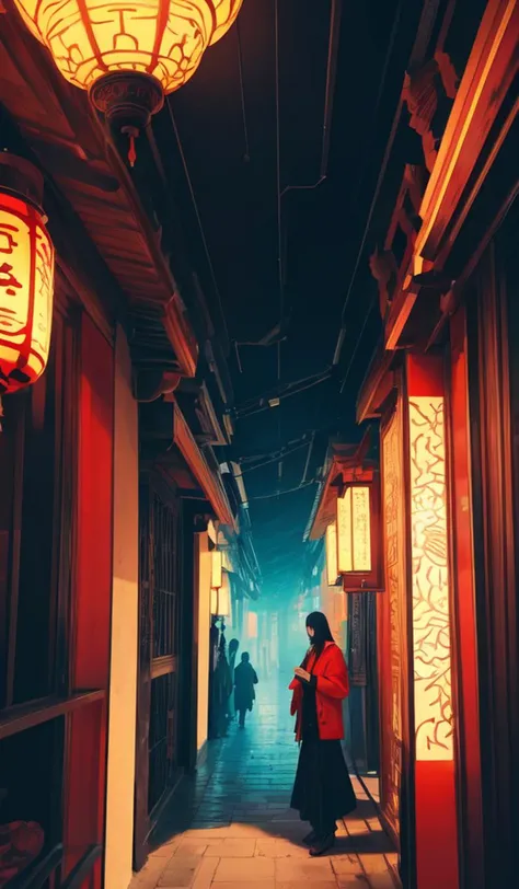 Abstract, 8K, photo shot from front, mid-body portrait, highly-detailed, (flat color:1.1),(colorful:1.3),(masterpiece:1.2), best quality, masterpiece, original, extremely detailed wallpaper, looking at viewer, oriental city,eastern architecture,a lot of details,mysterious expression, in a modern and abstract setting, with bold and colorful abstract art, blurred background, bright lighting,