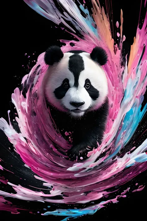 panda in a fluid and dynamic pose, wearing a loose,mysterious expression, curly black and pink hair, in a modern and abstract setting, with bold and colorful abstract art, blurred background, bright lighting, official art, unity 8k wallpaper, ultra detailed, beautiful and aesthetic, masterpiece, best quality, photorealistic,