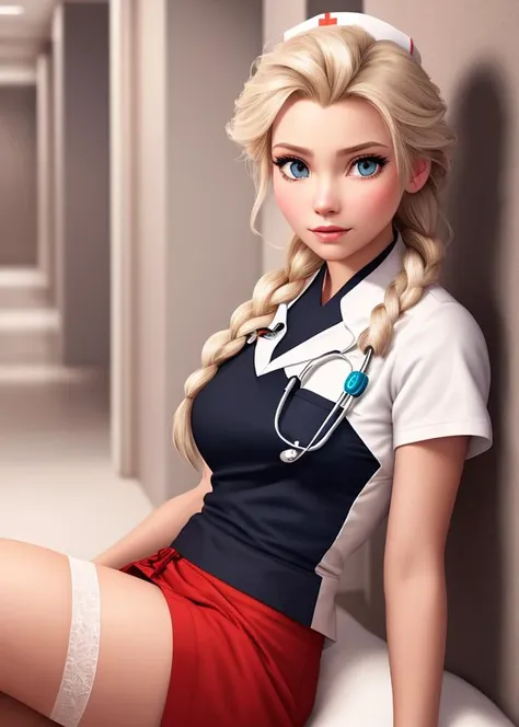 masterpiece, realistic, detailed face, good anatomy, Portrait, (realism), disney artwork, amazing detail, color grading, digital art render, anime, pixar style, 8k, elsa from frozen, background with black men, disney, sexy, ((nurse)), white stockings, miniskirt