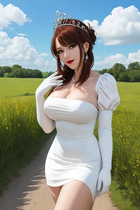 Meadow, pasture, dirt road, clear sky with some clouds, bushes,depravity,thick thighs, large breasts,woman,white dress, elbow gloves,jewelry,tiara,lipstick,makeup,princess, <lora:Depravity-08:1>,school background