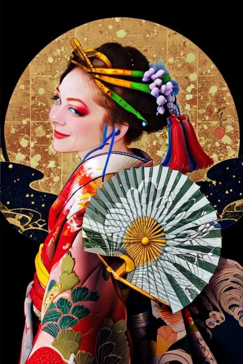 1girl, solo, looking at viewer, smile, blue eyes, black hair, hair ornament, upper body, japanese clothes, kimono, from side, lips, makeup, tassel, rope, eyeshadow, red kimono, shimenawa, kanzashi, hand fan,,<lora:tamurayoshiyasu:1>