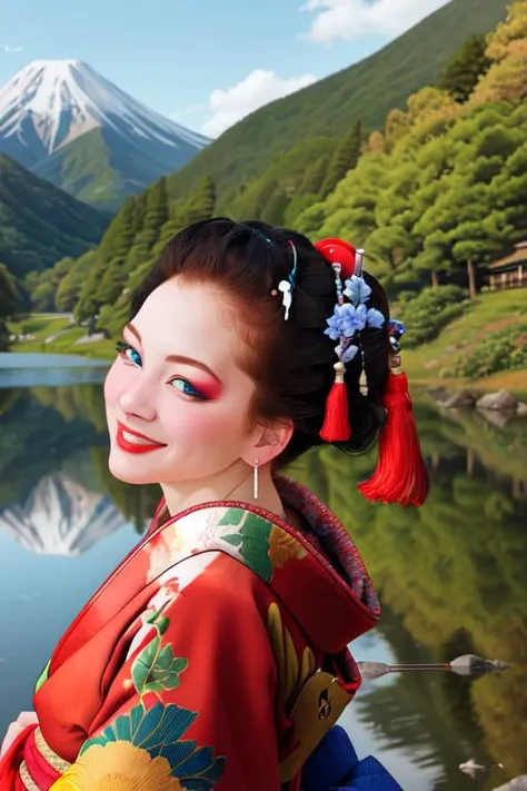 1girl, solo, looking at viewer, smile, blue eyes, black hair, hair ornament, upper body, japanese clothes, kimono, from side, lips, makeup, tassel, rope, eyeshadow, red kimono, shimenawa, kanzashi,picnic,fishing,<lora:tamurayoshiyasu:0.7> ,