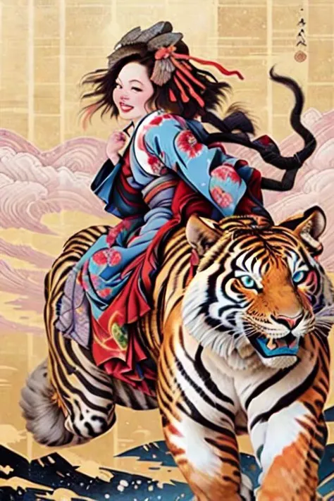 1girl, solo, looking at viewer, smile, blue eyes, black hair, hair ornament, upper body, japanese clothes, kimono, from side, lips, makeup, tassel, rope, eyeshadow, red kimono, shimenawa, kanzashi,riding a tiger,<lora:tamurayoshiyasu:0.8> , <lora:riding_a:1>,