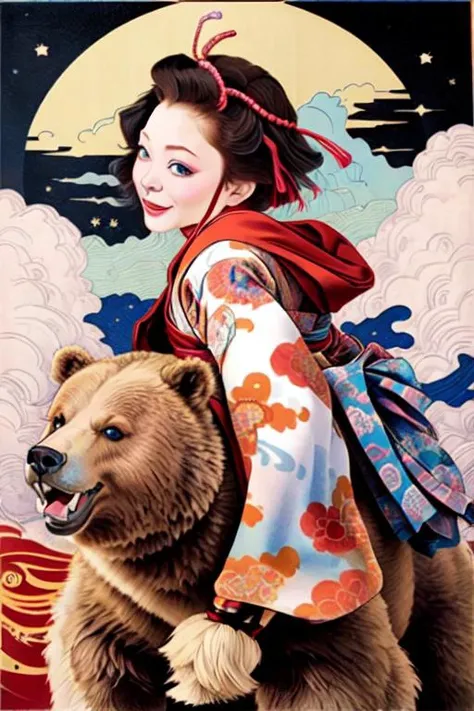1girl, solo, looking at viewer, smile, blue eyes, black hair, hair ornament, upper body, japanese clothes, kimono, from side, lips, makeup, tassel, rope, eyeshadow, red kimono, shimenawa, kanzashi,riding a bear,<lora:tamurayoshiyasu:0.6> , <lora:riding_a:1>,