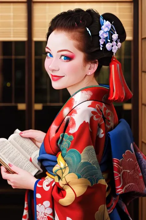 1girl, solo, looking at viewer, smile, blue eyes, black hair, hair ornament, upper body, japanese clothes, kimono, from side, lips, makeup, tassel, rope, eyeshadow, red kimono, shimenawa, kanzashi,reading,<lora:tamurayoshiyasu:0.8> ,