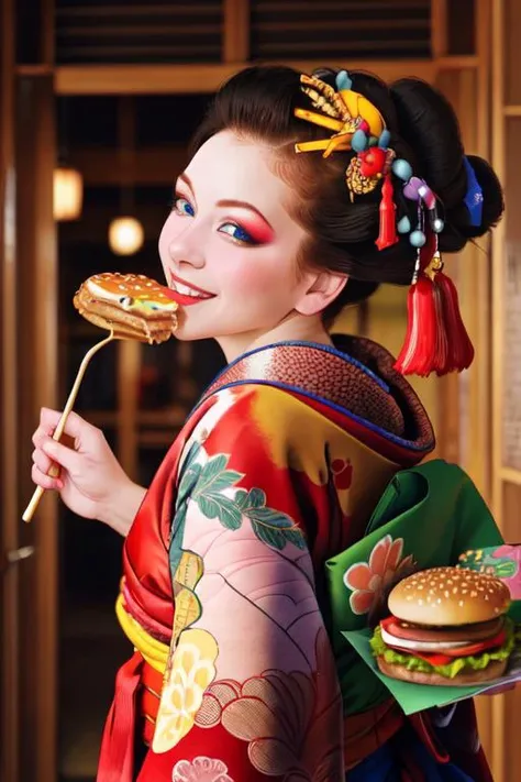 1girl, solo, looking at viewer, smile, blue eyes, black hair, hair ornament, upper body, japanese clothes, kimono, from side, lips, makeup, tassel, rope, eyeshadow, red kimono, shimenawa, kanzashi, eat cake/hamburger,<lora:tamurayoshiyasu:0.7> <lora:stylized foods:0.3>