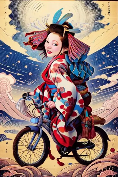 1girl, solo, looking at viewer, smile, blue eyes, black hair, hair ornament, upper body, japanese clothes, kimono, from side, lips, makeup, tassel, rope, eyeshadow, red kimono, shimenawa, kanzashi,riding a bike,<lora:tamurayoshiyasu:0.8> , <lora:riding_a:0.9>,