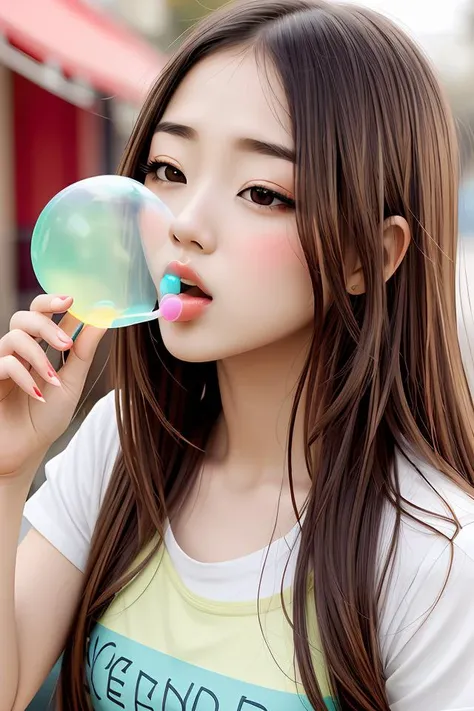 blowing bubble gum, green bubble gum,young girl,