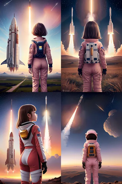 epic professional digital art of a little girl in a pink spacesuit watching giant rockets take off in the distance seen from behind, best on artstation, cgsociety, wlop, Behance, pixiv, astonishing, impressive, outstanding, epic, cinematic, stunning, gorgeous, breathtaking science fiction art, masterpiece.