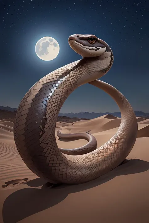 giant snake on a moonlit desert, art by artgerm and greg rutkowski, cinematic shot, intricate, ornate, photorealistic, ultra detailed, trending artstaition, realistic, 1 0 0 mm, photography, octane, high definition, depth of field, bokeh, 8 k