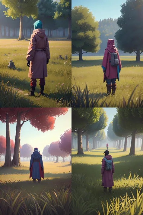 concept art of the drifter from the video game hyper light drifter standing in a field surrounded by trees and grass. Beautiful, 4k, award winning, 3d render