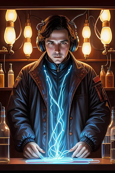 nikolai tesla in his lab, glowing jacket, electrical arcs, neon glow, highly detailed, digital art, intricate, dramatic lighting, steampunk, neon colors, cinematic, art by norman rockwell, greg rutkowski, caravaggio, artgerm