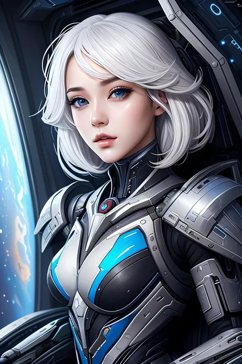 photo of a cyborg girl on a space ship, warframe armor, scifi, white hair, blue eyes, professionally color graded, interesting angle, sharp focus, 8 k high definition, insanely detailed, intricate, innocent, art by stanley lau and artgerm
