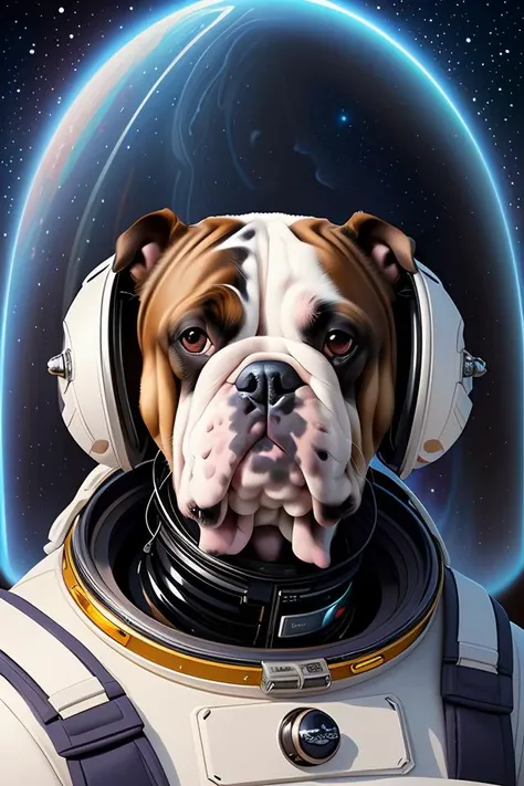 portrait of (a futuristic bulldog:1.3) in a spacesuit, a nebula supernova in space, portrait, intricate, digital painting, artstation, concept art, smooth, sharp focus, illustration, cinematic lighting, art by artgerm and greg rutkowski and alphonse mucha