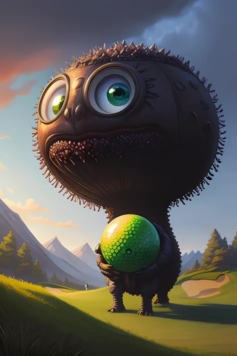 a giant cyclops green golf ball pea monster, lovecraft, trending on artstation, 4 k, video game art, oil painting