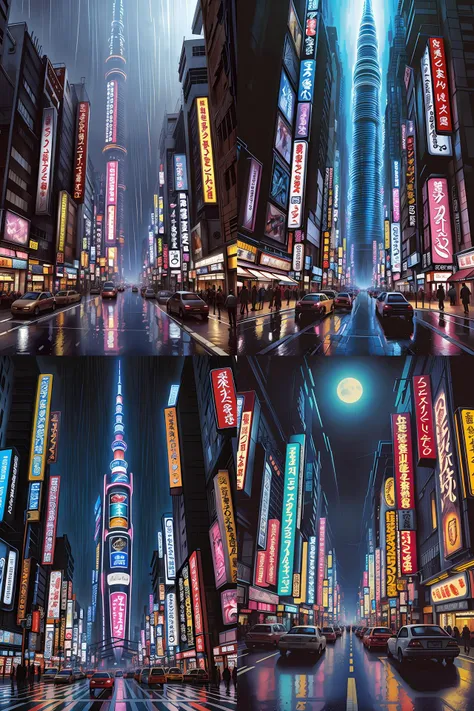 neo tokyo in a rainy night, adorned pillars, towers, landscape, alex ross, neal Adams, david finch, concept art, matte painting, highly detailed, rule of thirds, dynamic lighting, cinematic, detailed, denoised, centerd