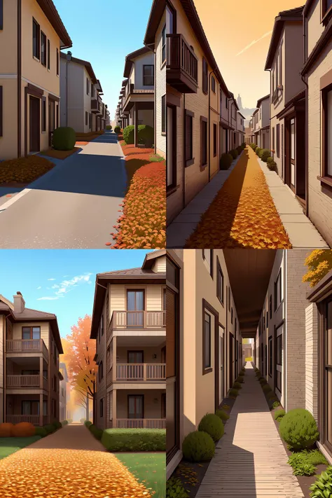 A long hallway strip of tall houses on the left and right side of a neighborhood in the fall months, rotoscoped, rotoscope, photoshop, photomanipulation, realism, painting, illustration and sketch, weird scribbles, hybrid styles, hybrid art styles, mismatched, trending on artstation, trending on deviantart, weird, quirky, interesting, very detailed, highly detailed, HD Quality, 4k resolution, 8k resolution, colored with orange brown yellow and red, in the style of David Firth, in the style of James Lee, in the style of Drue Langlois,