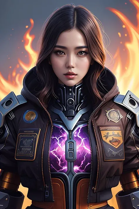 Character design sketch with body made of Purple Lava and fire, mecha humanoid with cyberpunk bomber jacket, fashion & Costume design by damascuss apparel, concept art character, royalty, smooth, sharp focus, organic, deep shadows by Heri Irawan, hyperrealistic oil painting, 4k, studio lightning