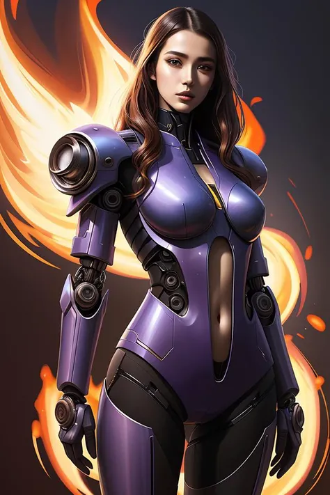 Character design sketch with body made of Purple Lava and fire, mecha humanoid with cyberpunk bomber jacket, fashion & Costume design by damascuss apparel, concept art character, royalty, smooth, sharp focus, organic, deep shadows by Heri Irawan, hyperrealistic oil painting, 4k, studio lightning