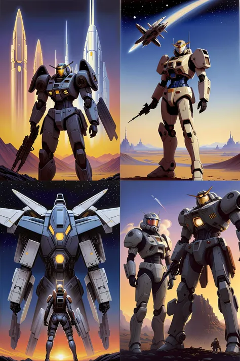 portrait of a starship trooper, 2 4 5 0. starcaft, halo, colonial marines, battletech. gundam. blade runner. android warrior. space sci - fi, mobile suit armor. combat armor, exoskeleton. digital illustration by chris foss. spaceship in the background. cold colours. oil painting, highly detailed, centered, hyperrealism, artstation, concept art, smooth, sharp focus, illustration, artgerm, syd mead, vincent di fate, michael whelan, john berkey, drew struzan