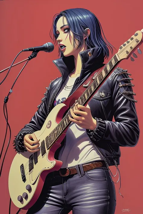 risograph of a punk zombie playing guitar, tristan eaton, victo ngai, artgerm, rhads, ross draws, intricated details,methurlant, <lora:methurlant:1>
