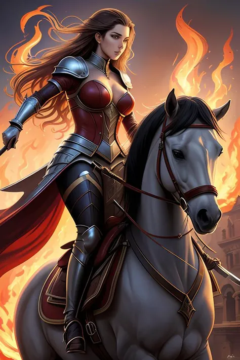 the second horseman of the apocalypse riding a red stallion, horse is up on it's hindlegs, the rider looks carries a large sword, flames, artwork by artgerm and rutkowski, breathtaking, dramatic