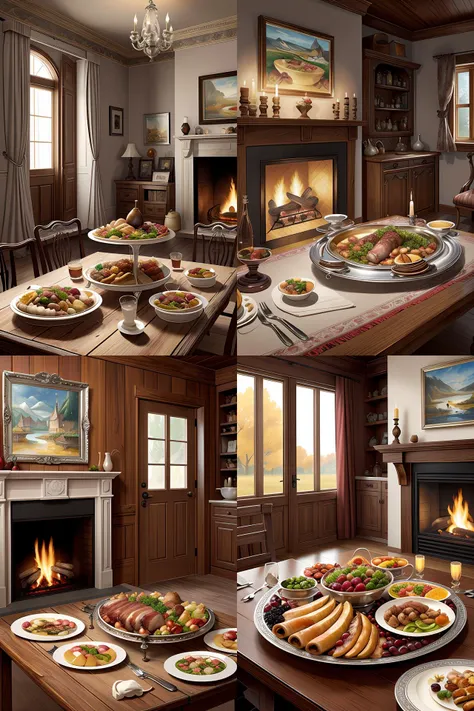 one ornate silver platter with roasted pork and fruit on a wooden table with cozy fireplace in the background, warm lighting, fantasy, intricate, elegant, highly detailed, digital painting, artstation, concept art, matte, sharp focus, illustration, art by kay nielsen and walter crane, illustration style, watercolor