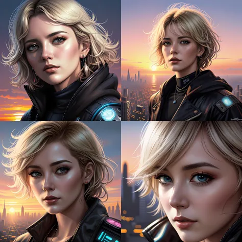 cyberpunk, closeup portrait of a shaggy cyberpunk entertainer, blond hair, holograms, dramatic light, city background, sunset, dystopian setting, high contrast, sharp, neuromancer, henry dorsett case, painted by stanley lau, painted by greg rutkowski, painted by stanley artgerm, digital art, trending on artstation